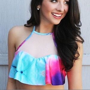 NWT Wildfox Tie Dye Halter Mesh Bikini Top Flounce Flutter Swimsuit Layered XS